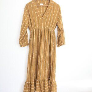 World Market mustard yellow stripe bohemian  linen cotton kaftan dress l/xl